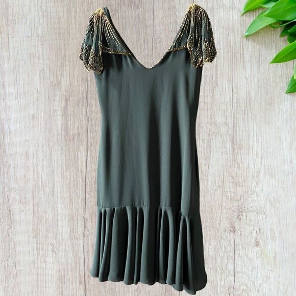 Vintage 60s Black Dress Elegant Beaded Collar Shoulder Drop Waist - Picture 2 of 11